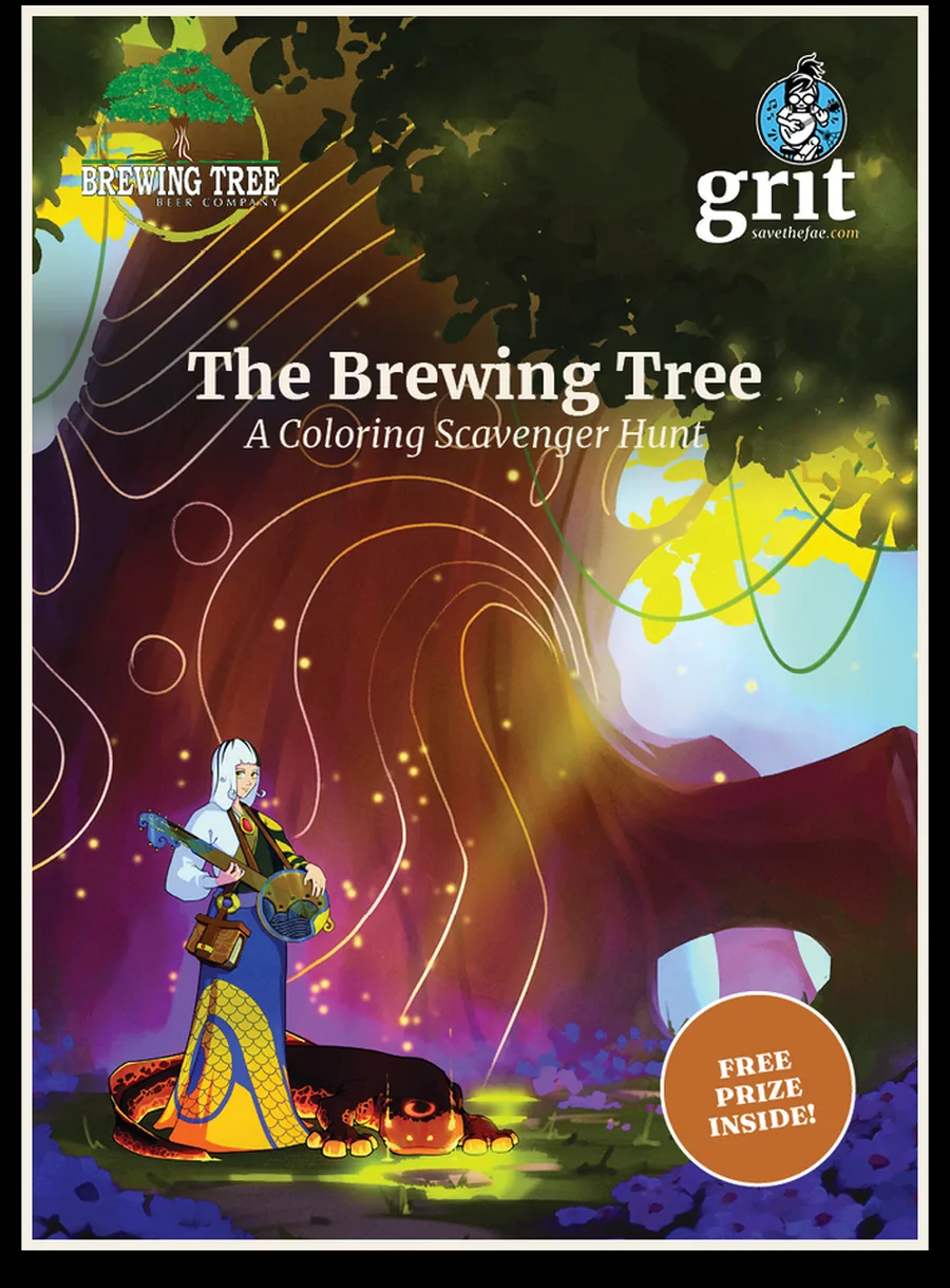 Cover of The Brewing Tree: A Coloring Scavenger Hunt, showing Minh and Spark beneath a great tree