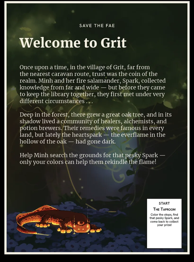 The story page inside the book: Welcome to Grit, with Spark the fire salamander asleep in the flowers