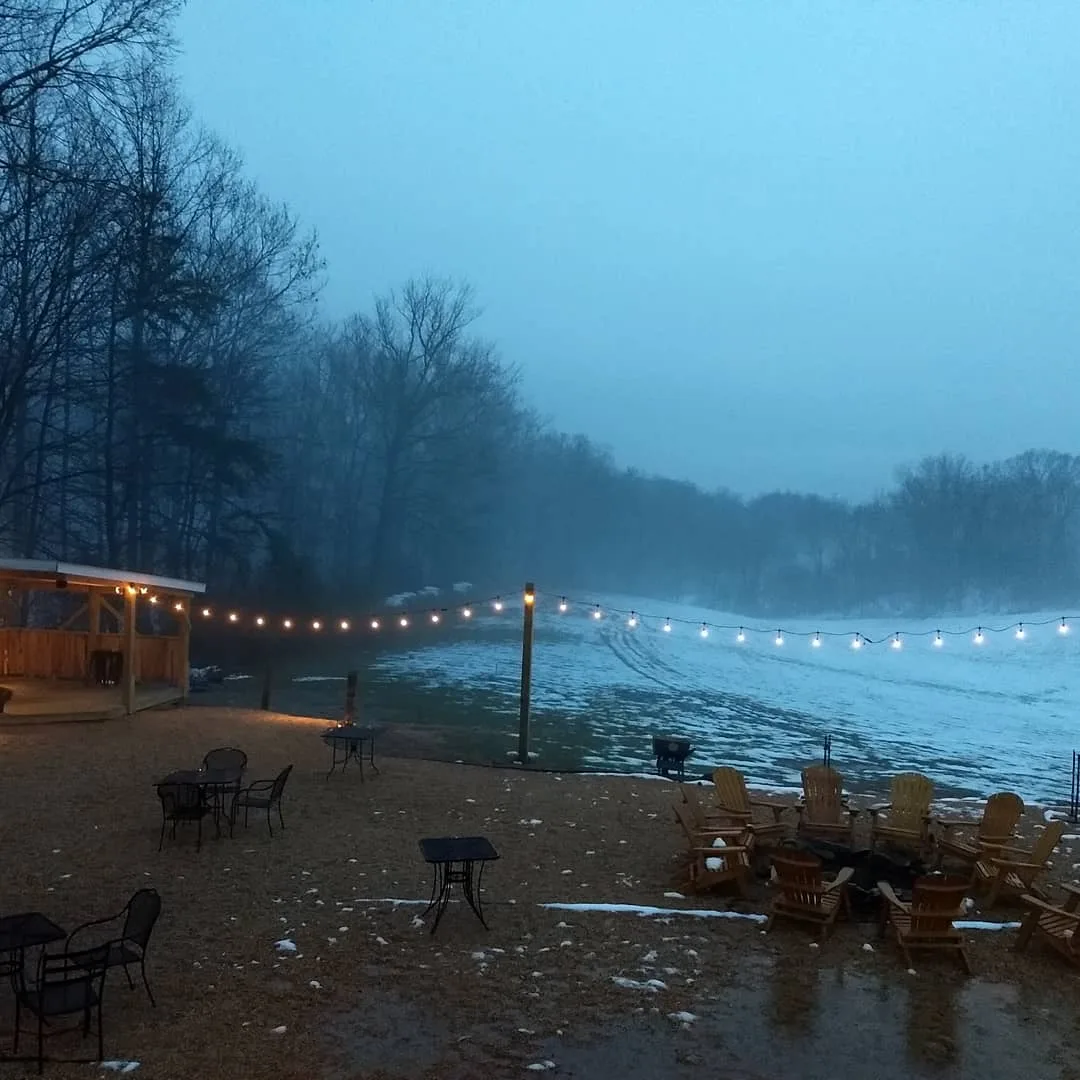 Holiday string lights over the meadow at Brewing Tree